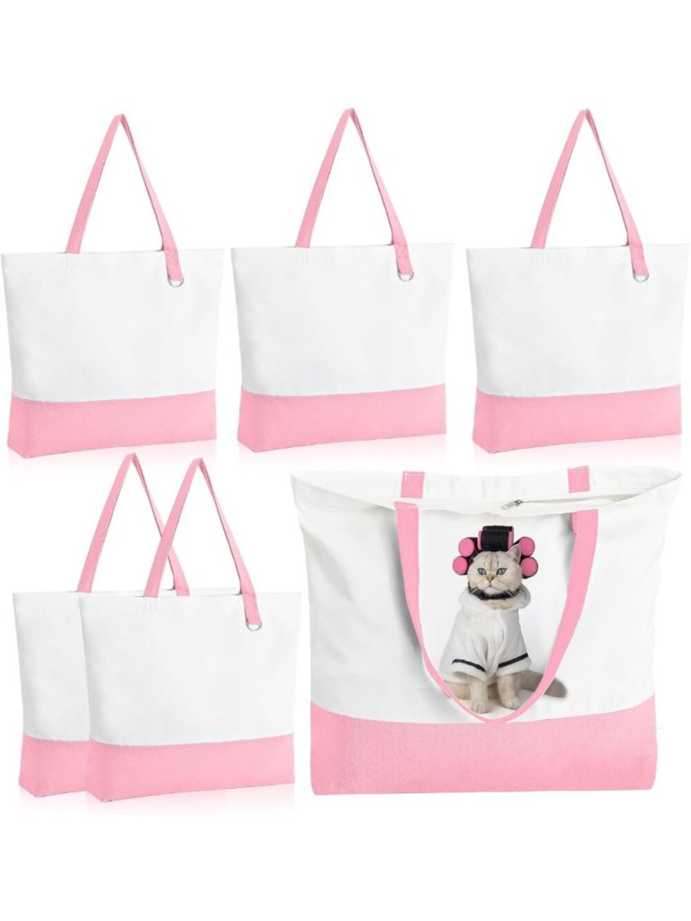 6-Pack Large Pink Canvas Tote Bags with Zipper - Reusable Grocery & Shopping